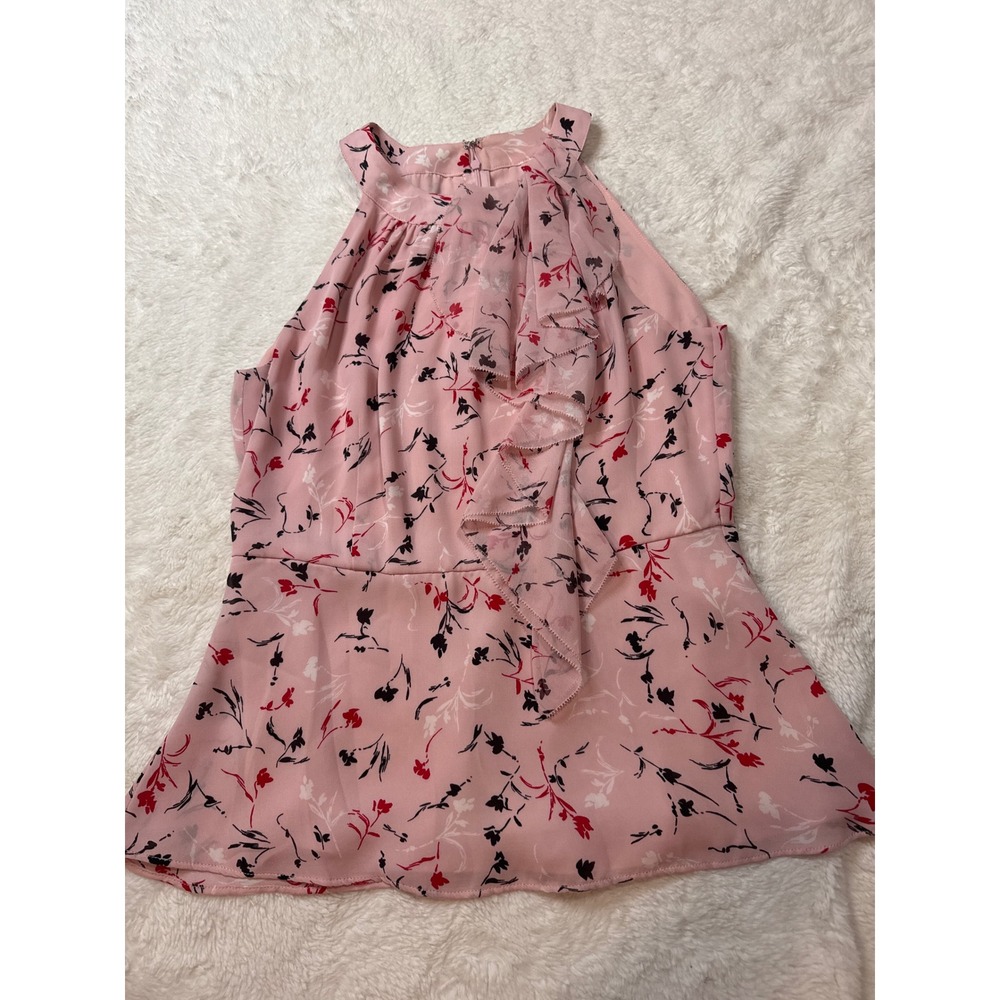 White House Black Market Halter Top Womens 2 Pink Excellent Floral Ruffle Peplum